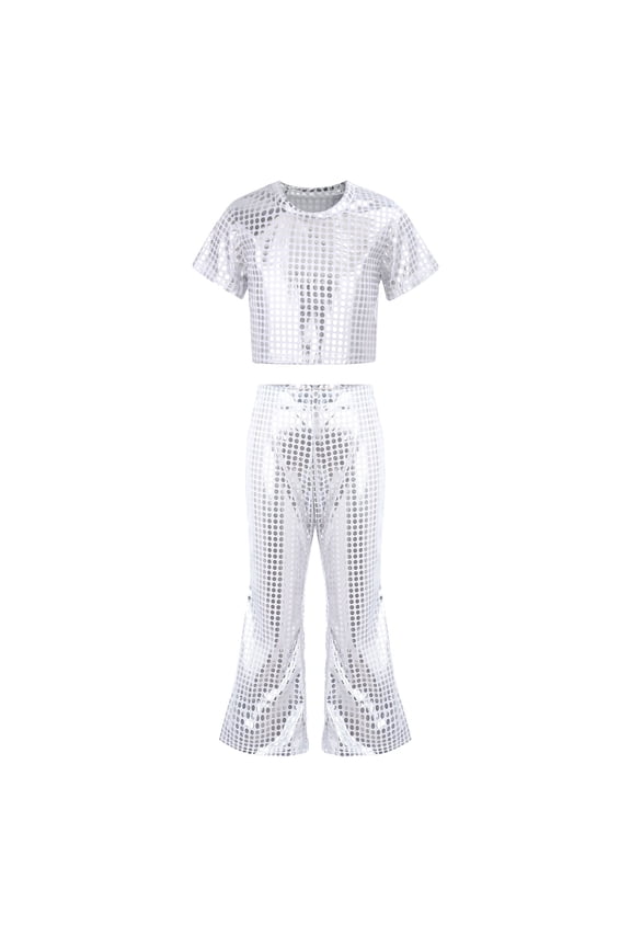 Boy Dance Sequin Silver Dance Short Sleeve Top and Flared Pants Two Piece Outfit Set Dance Outfit Dance Performance Outerwear 5-6 Years