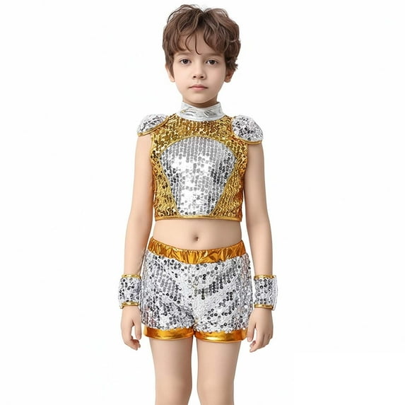 Boy Dance Sparkly Dance Sleeveless Top and Pants Outfit Set Jazz Stage Performance Outerwear 4-5 Years