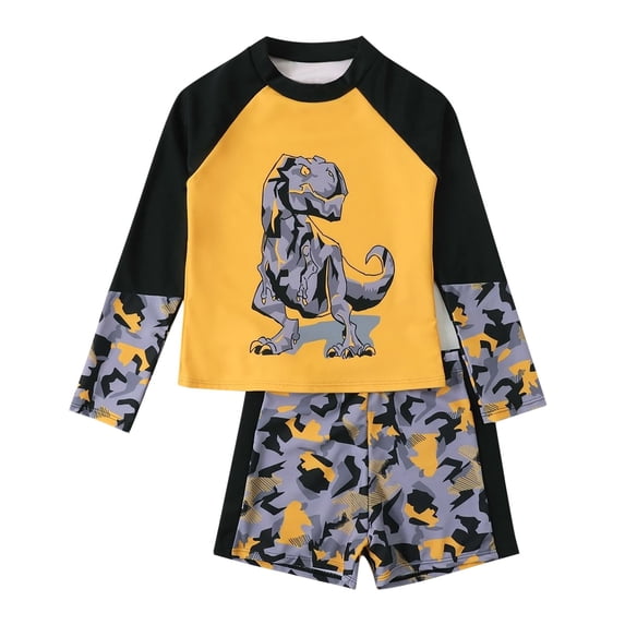 Boy Dinosaur Print Raglan Swimsuit Toddler Long Sleeved Rashguard Swim Bathing Suit Set Size 160