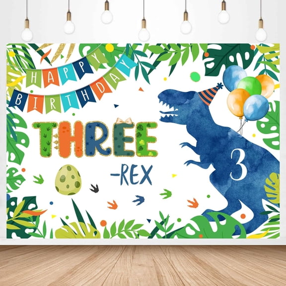 Boy Dinosaur Third Birthday Backdrop Three-rex Cartoon Jungle Dino Footprints Photography Background Green Leaves 3rd Theme 3 Years Old Party Decorations Banner Photo Booth Props