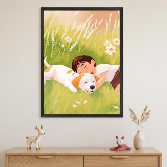 Boy Dog Cozy Nap Meadow Wall Decor Unframed Paper Print