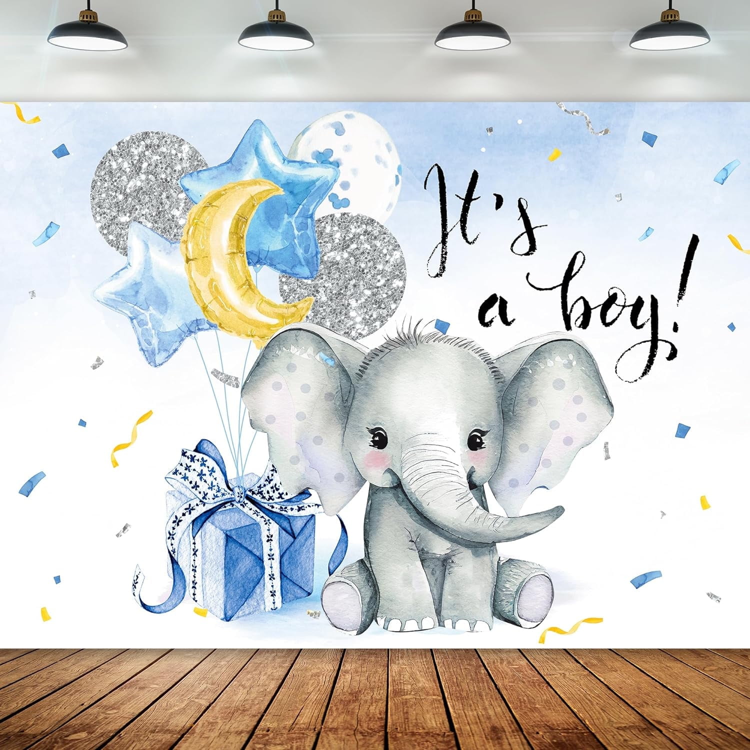 Its A Boy Blue And Silver Elephant Baby Shower Backdrop