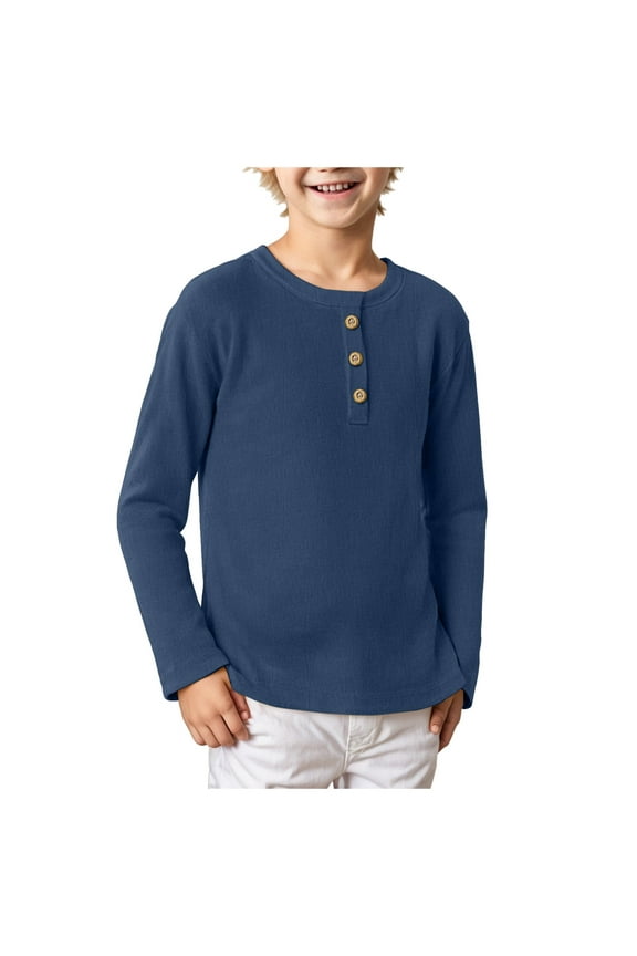 Boy Fall Shirt Toddler Boy Fall Shirt Boys' Long Sleeve Thermal - Henley Shirt Waffle Fashion Clothes Toddler Boy Clothes Cotton Shirt Blue 2-3 Years