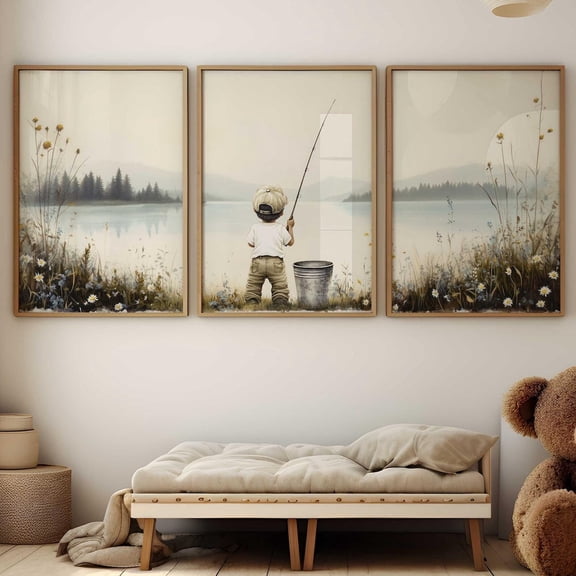 Boy Fishing Nursery Lake Nursery Fish Nursery Lake Landscape Boy Poster Landscape Nursery Art, Stretched Canvas