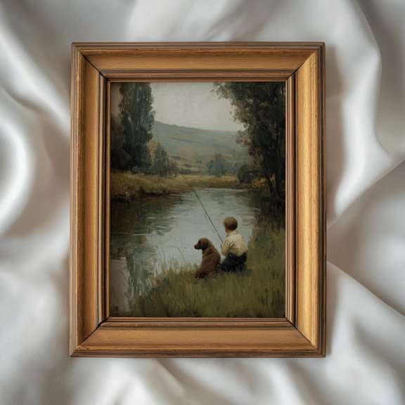 Boy Fishing With Dog Wall Art Print, Unframed Paper Poster 8x10in