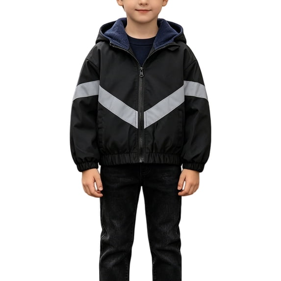 Boy Fleece Lined Hooded Windbreaker Jacket Reflective Stripe Zip up Lightweight Outerwear Winter Jacket Easy to Fold Raincoat