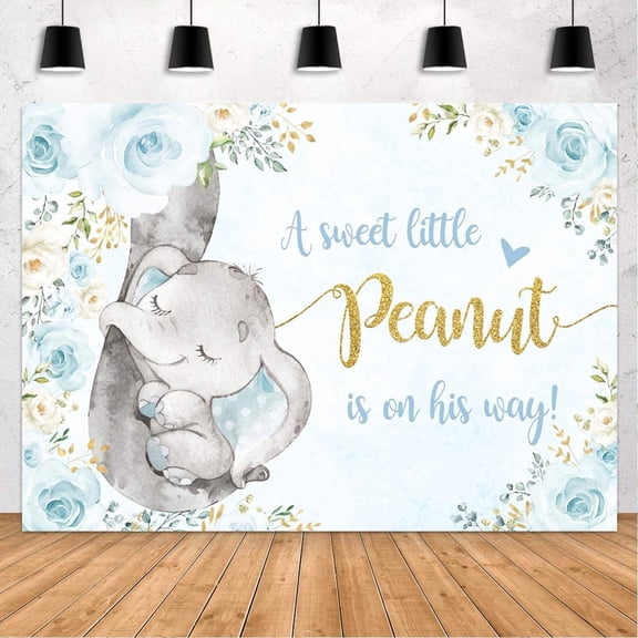 Boy Floral Elephant Baby Shower Backdrop It's A Boy Blue A Sweet Little Peanut is On The Way Photography Background Party Decorations Prince Photo Studio Booth Shoot Props Banner