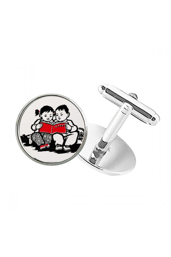 Boy Girl Bench Book Patriotism China Round Button Cuff Clip Stud Cufflinks