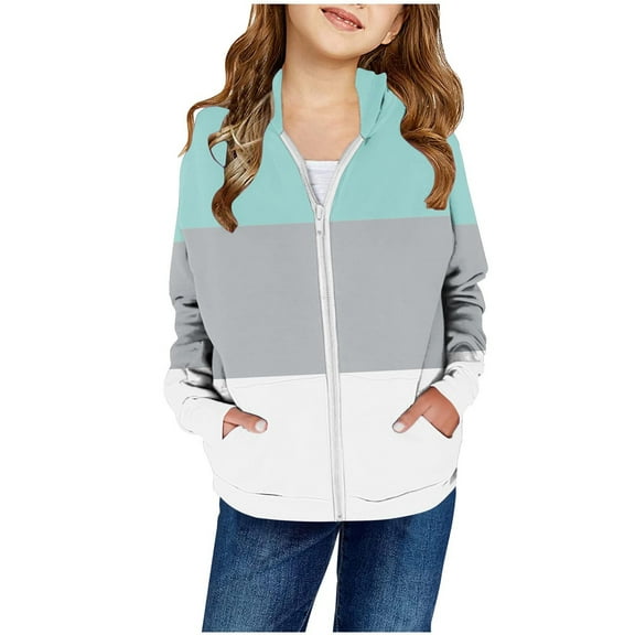 Boy Girl Color Block Jacket Long Sleeve Warm Hooded Sweatshirt With Pocket Zipper Cardigan Warm Winter Clothes Grey, 11-12Y