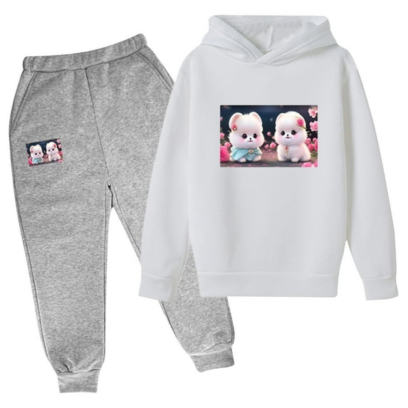 Boy Girl Fall Winter Outfits Kids Hoodie Tracksuit Pullover Graphic Sweatshirt Jogger Pants Set 2 Piece Sweatsuits (110, White 01)
