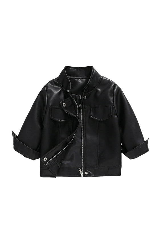 Boy Girl Faux Leather Jacket Solid Color Vintage Casual Long Sleeve PU Bomber Coat Outerwear Toddlers Kids, Black 5-6 Years