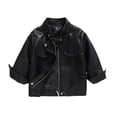 thumbnail image 1 of Boy Girl Faux Leather Jacket Solid Color Vintage Casual Long Sleeve PU Bomber Coat Outerwear Toddlers Kids, Black 8-9 Years, 1 of 7
