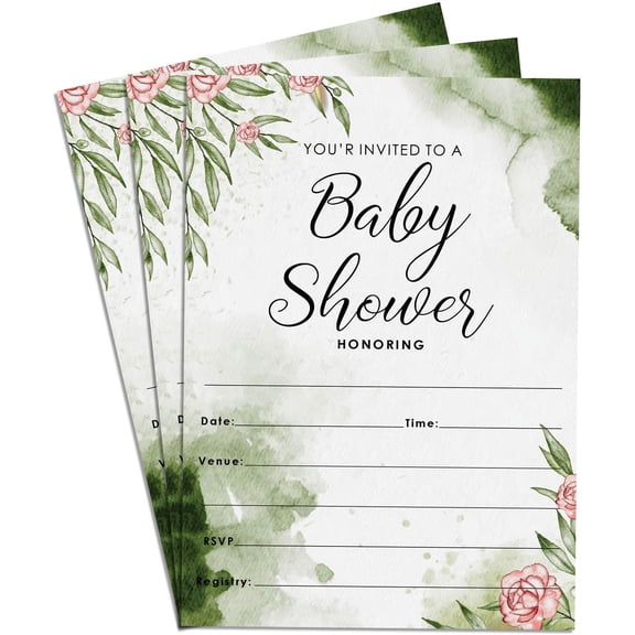 Boy, Girl Floral Shower Invitations Supplies Fill-In Set of 40 Green Invites Cards 5x7"