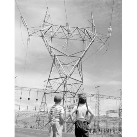 Boy & Girl Looking at Electricity Pylon Poster Print - 18 x 24 in.