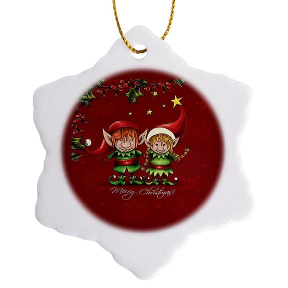 3drose, Boy Girl Santas Helpers Elves Merry Christmas Greeting with Red Snowflakes and Holly Holiday Design, 3 inch Snowflake Porcelain Ornament