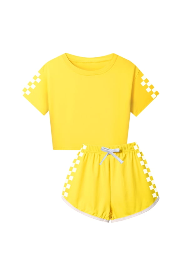 Boy Girl Summer 2 Piece Outfits Cute Short Sleeves Crop Checkered Tops and Shorts Casual Clothing Set Yellow 110
