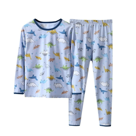 Boy Girl Thermal Underwear Set Dinosaur Print Tops Loose Pants Super Soft Cotton Sleepwear 2 Piece Pajamas Long Johns Set, Sky Blue, 6 Years