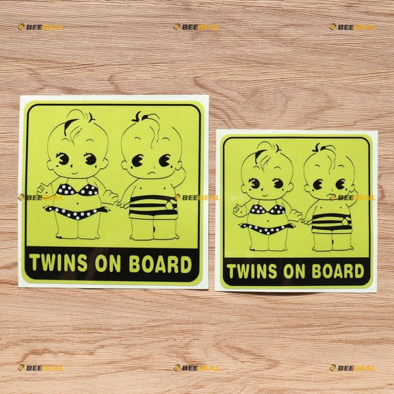 Boy Girl Twins on Board in Car Yellow Cute Babies Car Decal Vinyl Sticker - 2 Pack Reflective, 5 Inches, 6 Inches