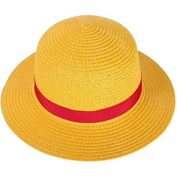 Boy Girl one Piece hat Straw hat Neck Rope Fluffy Flat top hat Cosplay Japanese Cartoon Props hat Kids red Striped Beach hat 27cm Diameter