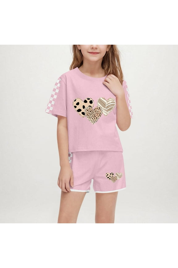 Boy Girl's Tracksuit Sets 2 Piece Outfits Letter Print Vacation Tee Top and Drawstring Waist Shorts Pink 6-7 Years