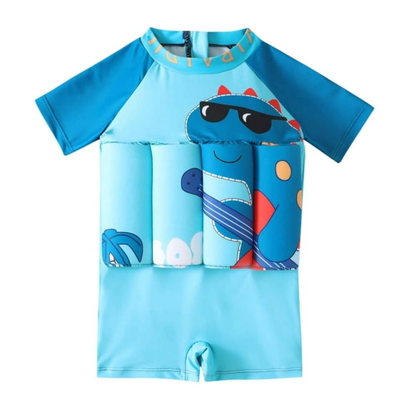 Boy Girls One-Piece Floatation Swimsuit Summer Short Sleeve Bathing Suits with Adjustable Buoyancy Float Suit Swimwear,Blue,M-90