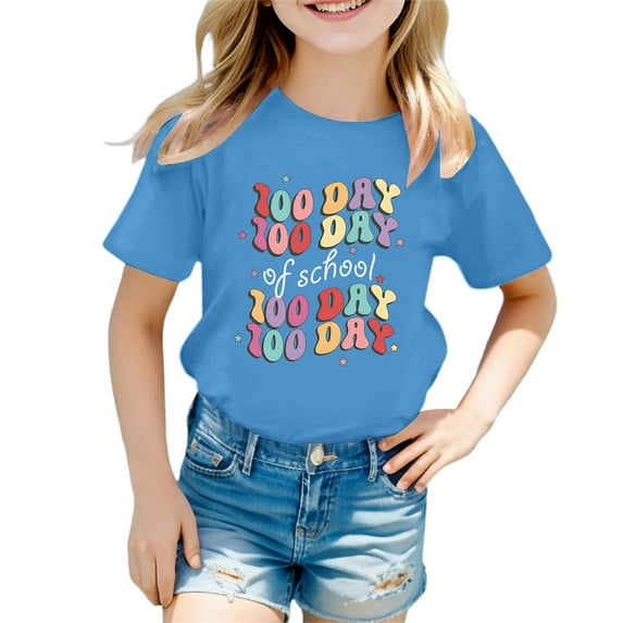 Boy Girls Short Sleeve Tops Cute Graphic Print Cute Casual Summer Tees Loose 100 Days Of School Gift for Kids Pullover Tops Blue,1-2 Years