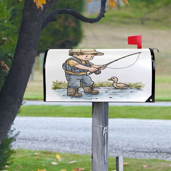 Boy Go Fishing Magnetic PVC Mailbox Cover, 20.7" x 18" Standard, Waterproof UV Resistant