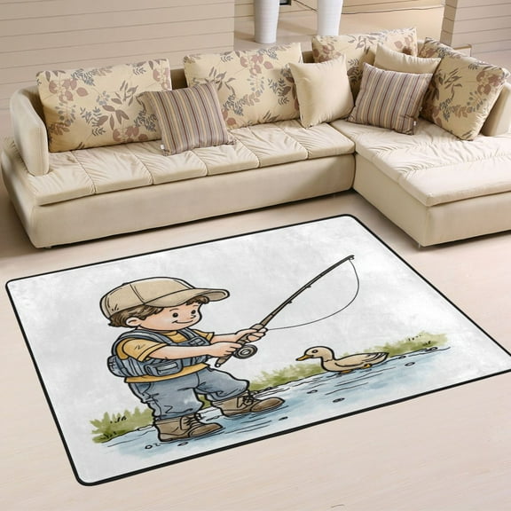 Boy Go Fishing Soft Polyester Area Rug 36''x24'', Non Slip, Memory Foam, Water Absorbent