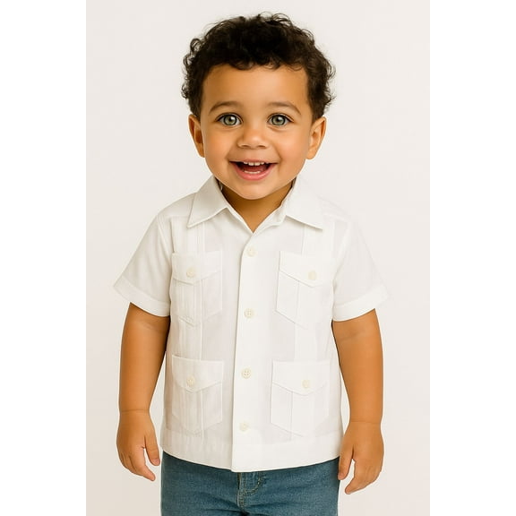 Boy Guayabera Short Sleeve Shirt Traditional 4 Pocket WHITE -SMALL -BOHIO
