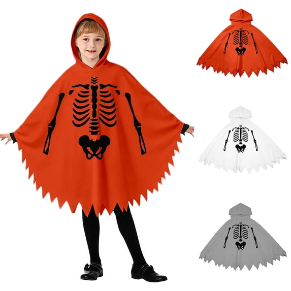 Boy Halloween Outfit Unisex Skeleton Hooded Cloak Halloween Party Outfit for Kids 4-6 Years