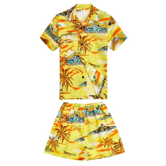 Boy Hawaiian Aloha Luau Shirt and Shorts 2 Piece Cabana Set in Yellow Map and Surfer 8