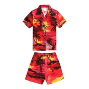 PALM WAVE Boy Hawaiian Shirt Aloha Shirt Luau Shirt in Sunset Red Size 4