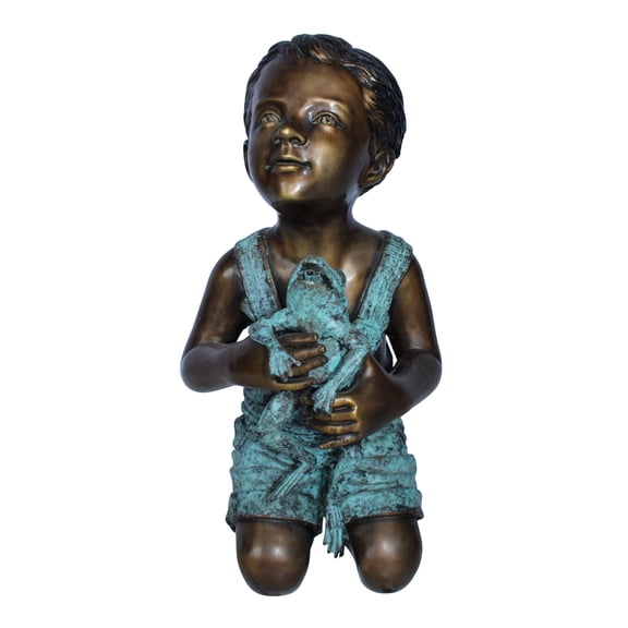 Nifao Boy Holding Frog Outdoor Fountain Statue, Bronze Garden Water Feature with Green Patina – Garden Outdoor Decor Sculpture, 12"L x 11"W x 21"H