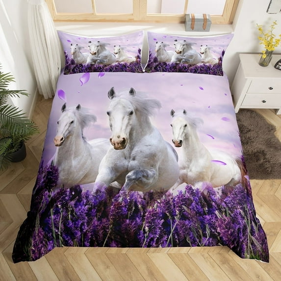 Horse Twin Comforter Cover Set Romantic Lavender Flower Bedding Sets Teens Galloping Horse Duvet Cover 3D Wild Animal Decor Quilt Cover Set Bedroom Collection 2Pcs Purple (No Comforter)