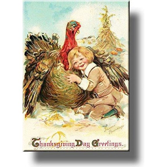 Boy Hugging Thanksgiving Turkey by Brundage, Picture on Stretched Canvas Wall Art Décor, Ready to Hang!