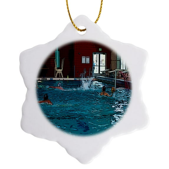 3drose, Boy in a Helmet at a Water Polo Game in Utah Getting Ready to Throw the Ball with Swimmers Near By, 3 inch Snowflake Porcelain Ornament