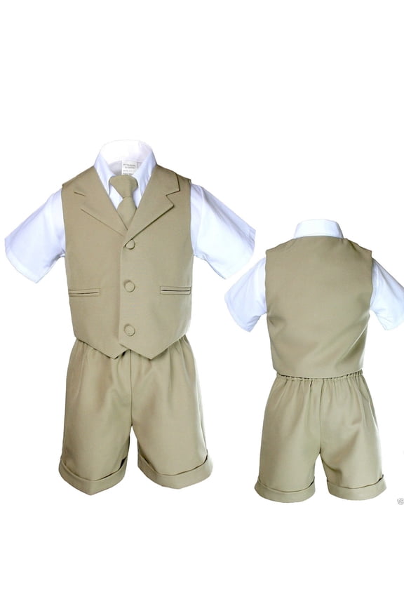 Boy Infant & Toddler Formal Eton Easter Khaki Vest Shorts Suit S M L XL 2T 3T 4T