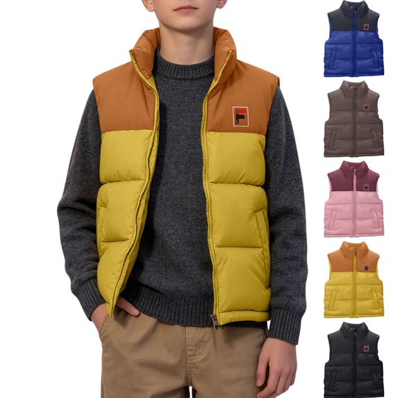 Boy Jacket Dqueduo Kids Color Block Puffer Zip Up Stand Collar Sleeveless Warm Outerwear Gilet Vest Yellow 4-5 Years