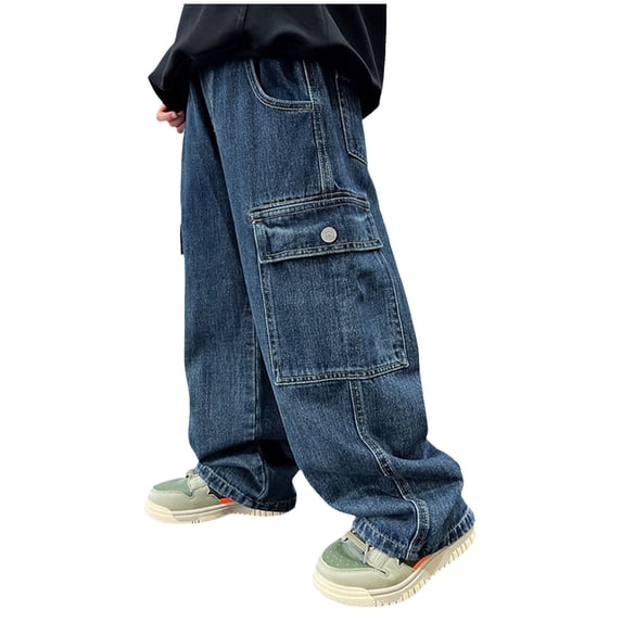Boy Jeans Boys Cargo Pants Straight Leg Elastic Waist Loose Denim Pants