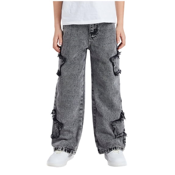Boy Jeans Size 7 Boys Baggy Jeans Kids Wide Leg Cargo Jeans Winter Warm Elastic Waist Loose Fit Denim Pant Y2K Streetwear