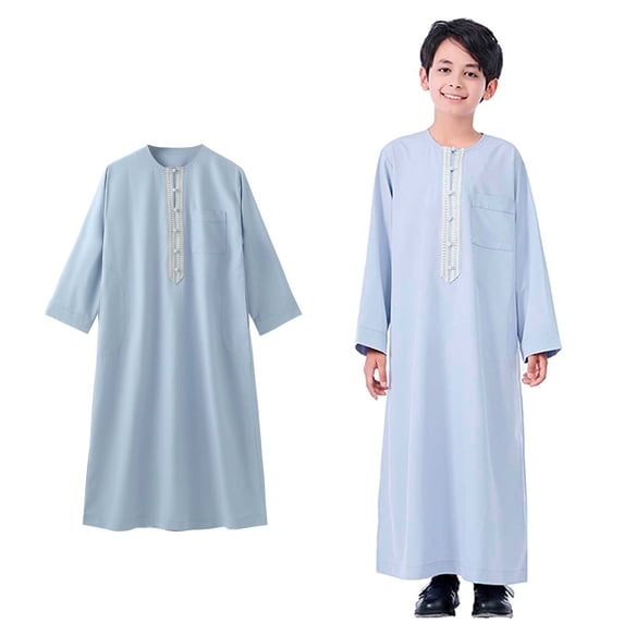 Boy Kaftan Thobe Casual Long Sleeves Dress Crew Neck Kids Robe Grey Thobe for Boy 7-8 Years