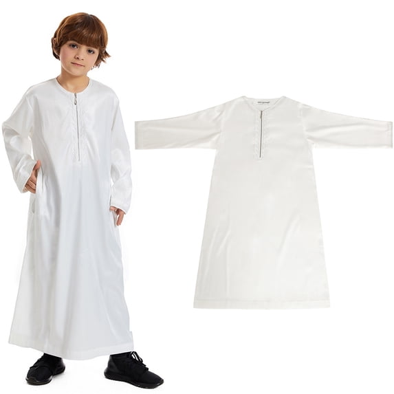Boy Kaftan Thobe Casual Long Sleeves Gown Crew Neck Thobes White Thobe for Boy 13-14 Years