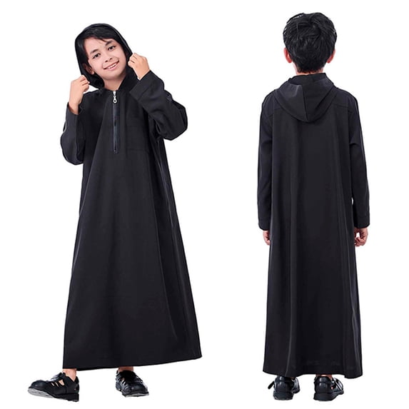 Boy Kaftan Thobe Casual Long Sleeves Gown Shirt Crew Neck Kids Robe Black Kaftan 13-14 Years