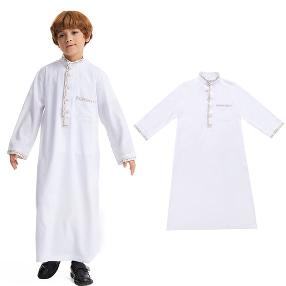 Boy Kaftan Thobe Casual Long Sleeves Robe Crew Neck Thobes White Kaftan 13-14 Years
