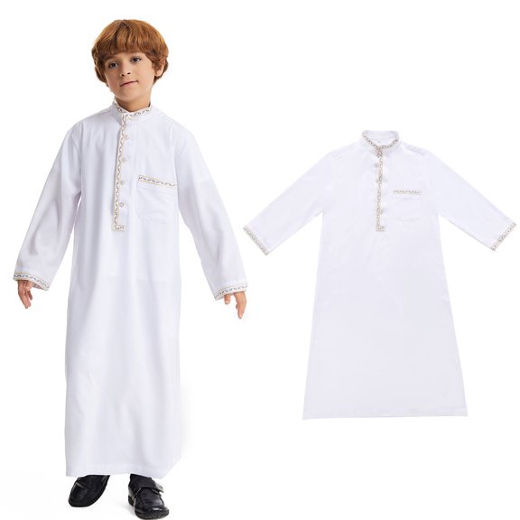 Boy Kaftan Thobe Casual Long Sleeves Muslim Robe Crew Neck Thobes White Kaftan 13-14 Years