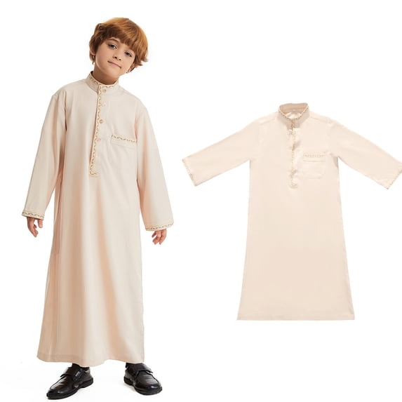Boy Kaftan Thobe Casual Long Sleeves Thobe Crew Neck Boys Robe Beige Thobe 11-12 Years