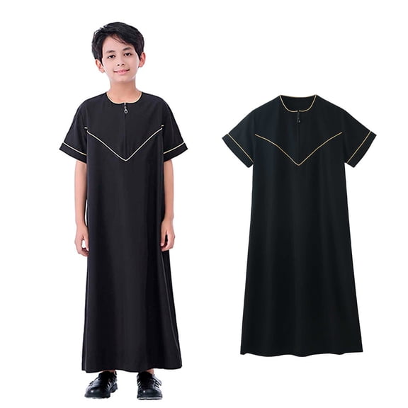 Boy Kaftan Thobe Casual Short Sleeves Dress Crew Neck Thobes Black Kaftan 4-5 Years