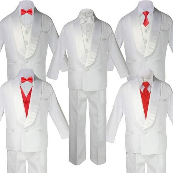 Boy Kid White Shawl Lapel Wedding Suits Tuxedo RED Satin Bow Necktie Vest SM-20