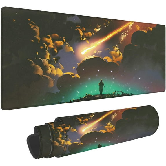 Boy Looking Meteor in Colorful Sky Gaming Mouse Pad Large Mouse Mat XL Desk Mat Extended Mouse Mat Non-Slip Laptop Computer Keyboard Mouse Pad for Office & Home 31.5x11.8 Inch