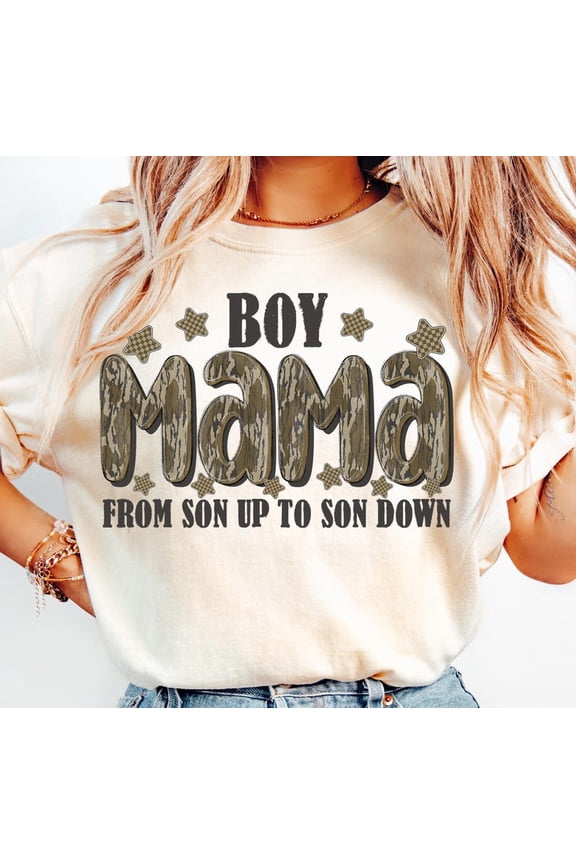 Boy Mama Camo T-Shirt– From Son Up to Son Down, Rustic Mom of Boys Tee with Military Print, Mother of Sons Gift Shirt